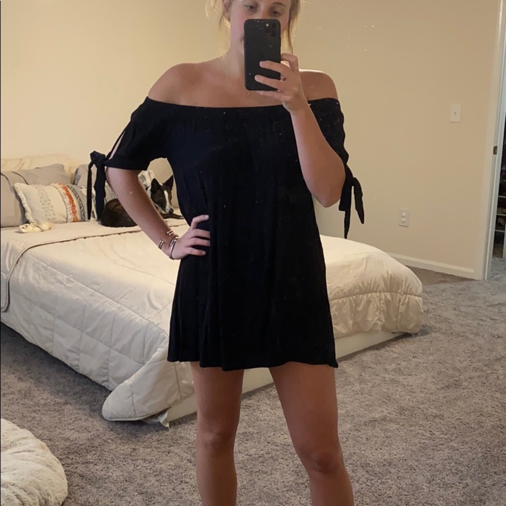 Black off shoulder linen dress - open tie sleeves